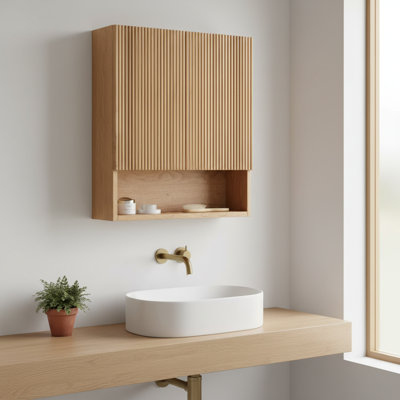 26" Natural Woodgrain Wall Cabinet With Doors And Open Shelf, Over-toilet Storage For Bathroom, Kitchen & Laundry Room