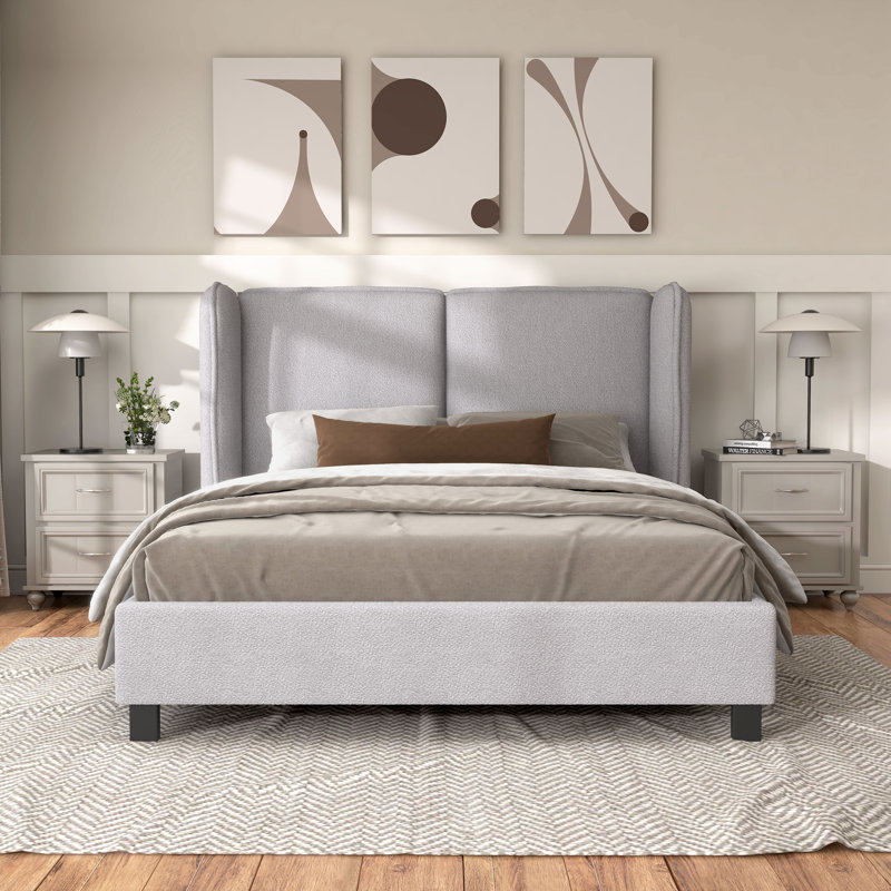 Upholstered Wingback Bed, Light Gray