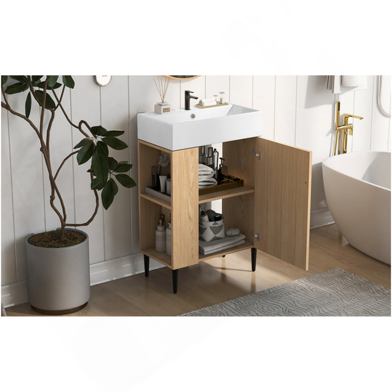 Meuble-lavabo en bois 21,6 po, armoire combinée, meuble de rangement pour salle de bain, lavabo simple en céramique, rangement à gauche