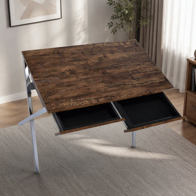 Rectangular Writing Desk with 2 Drawers, Weathered Oak and Chrome
