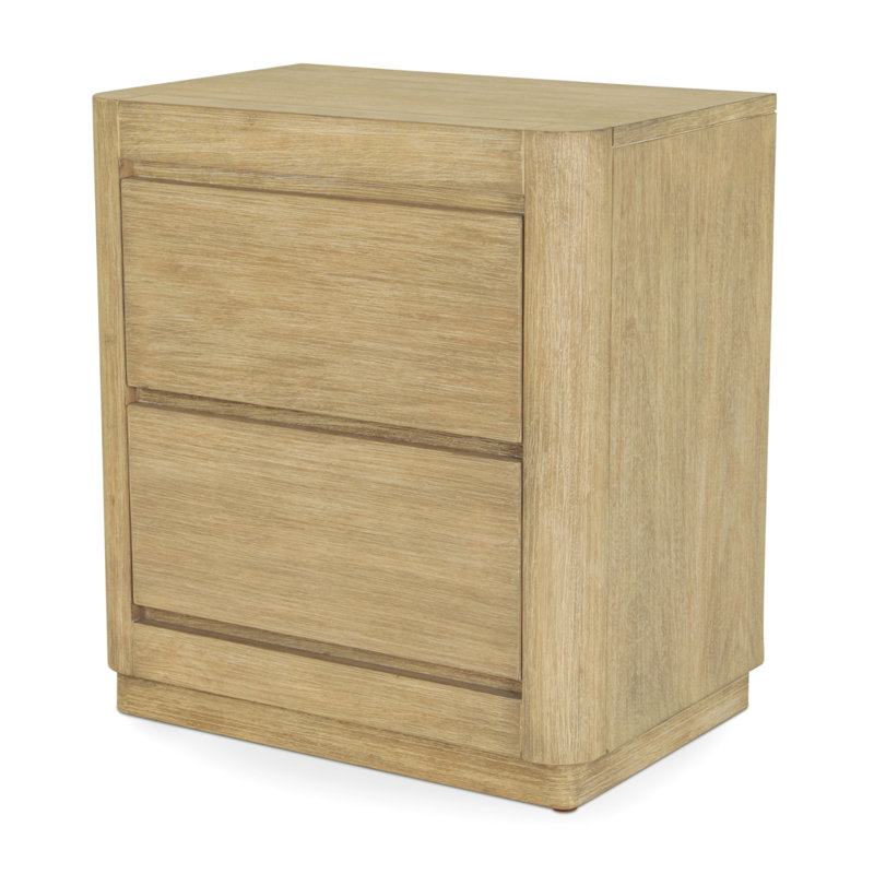 Luxurious Solid Malaysian Oak Nightstand with Weathered Natural Finish, Sleek Low-Profile Modern Design, Full-Extension Ball-Bearing Drawers, Dovetail Joints, and Integrated Power & USB Ports for Ultimate Convenience
