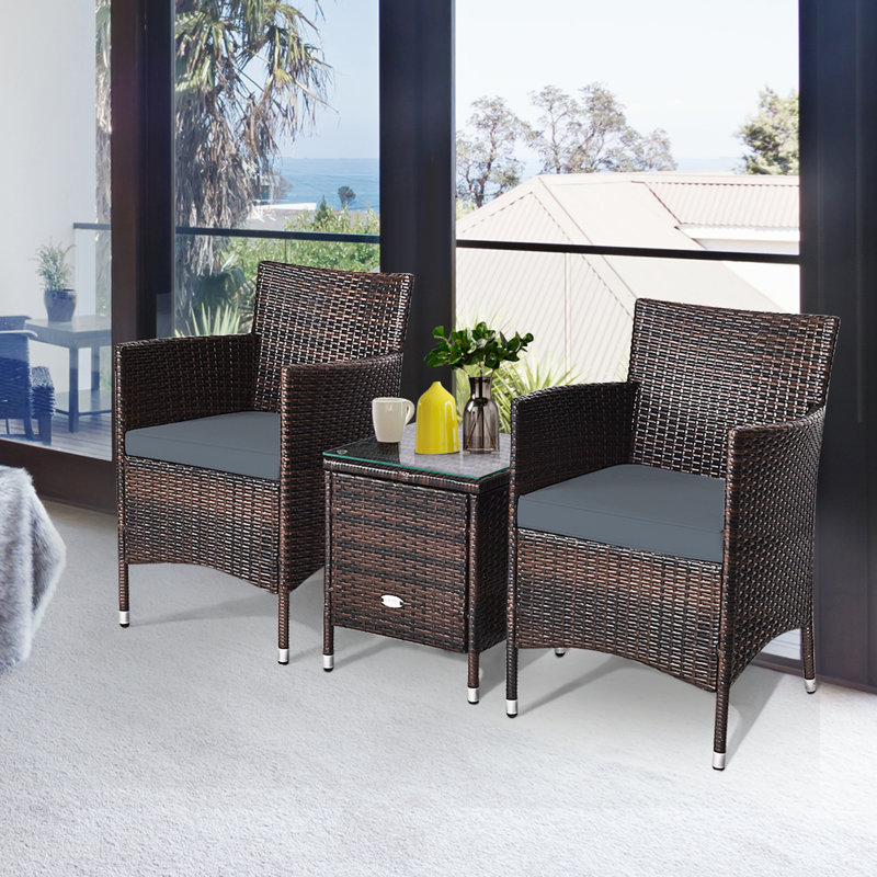 Ensemble de conversation en rotin pour patio avec coussins de 3 pièces Ailith, gris