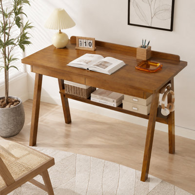 40 x 24 Inch Solid Wood Writing Desk with Drawers & Storage Shelf, Mid-Century Modern Vintage Computer Desk for Home Office & Bedroom, Walnut