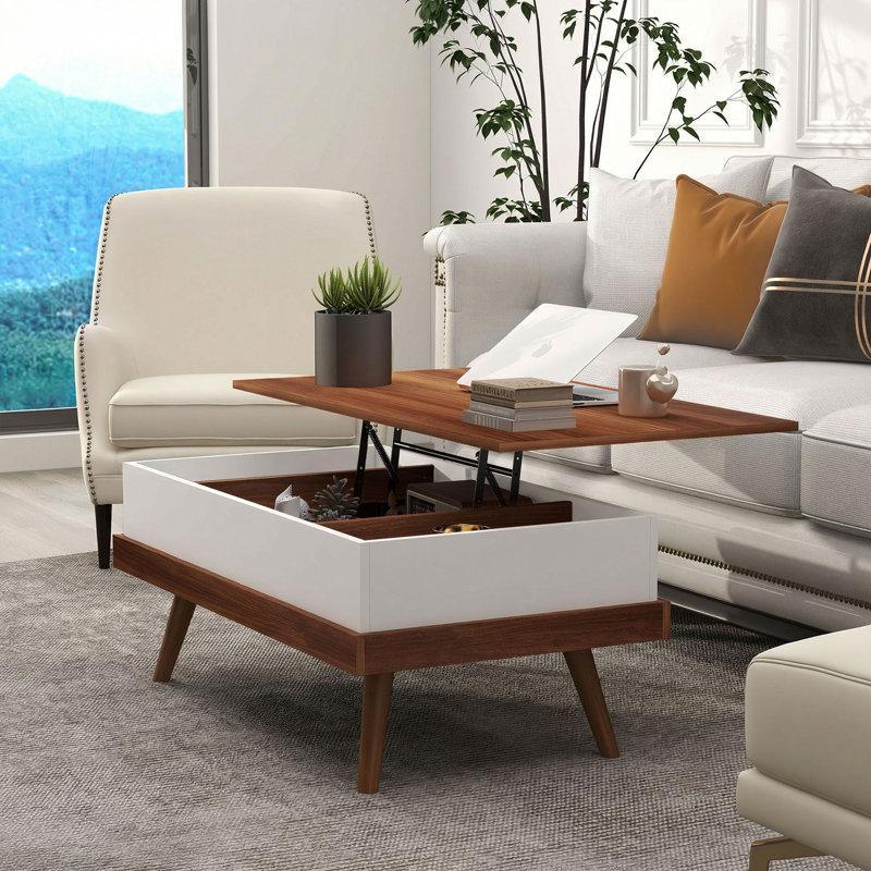 Khaleia Lift Top Coffee Table with Hidden Compartments and Wood Legs, Walnut