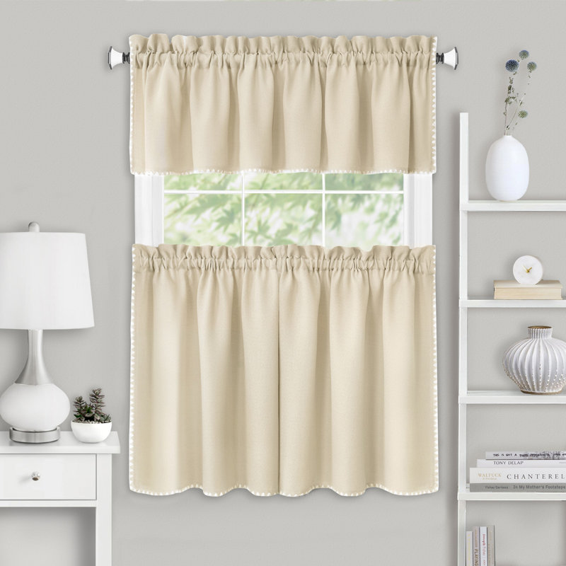 Tan and White Light Filtering Tier and Valance Curtain Set
