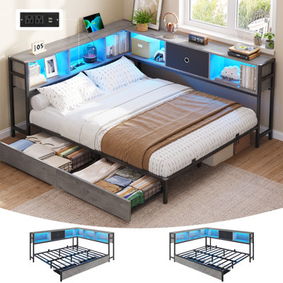 Full Corner Bed Frame with L-Shaped Bookcase & 2 Large Storage Drawers, Queen Size Platform Bed Frame with Charging Station and RGB LED Lights, Modern Multifunctional Storage Bed for Bedroom, Space-Saving, White