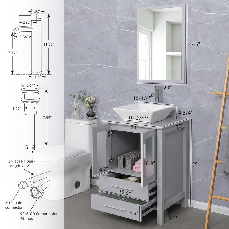  24" Single Bathroom Vanity Set with Ceramic Vessel Sink, Manufactured Wood Top, Gray, Gray