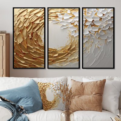White And Gold Rose In Vortex Love III - Abstract Spirals Wall Art Living Room Set