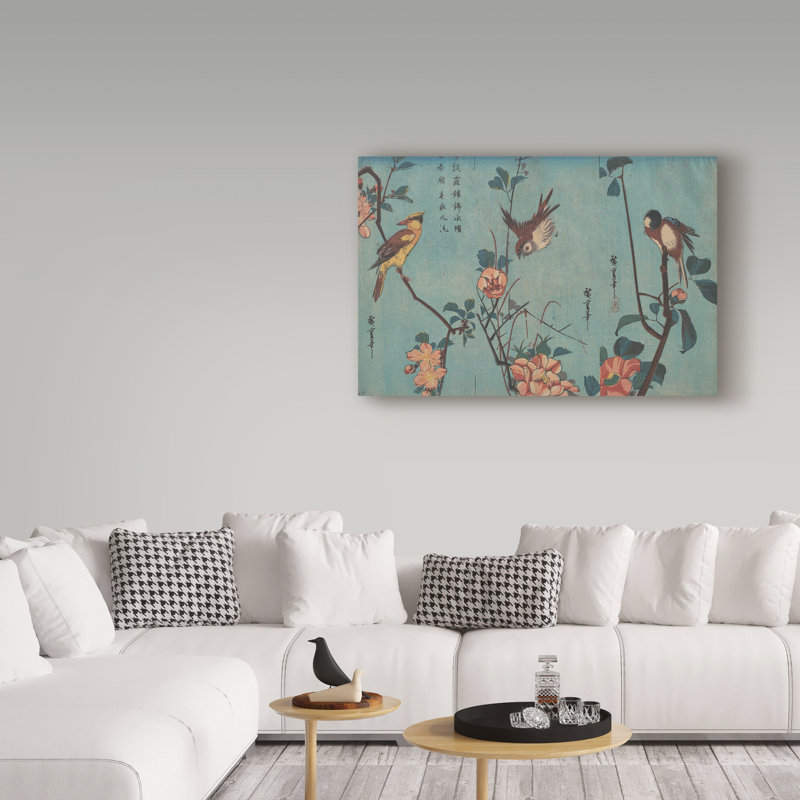 Teal Canvas Print with Birds and Flowers, 12x19 Inch