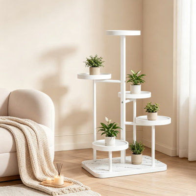 Support à plantes à 5 niveaux pour intérieur et extérieur, organisateur en métal robuste à plusieurs niveaux, support à fleurs vertical en spirale étroite avec base en marbre en plastique, tablette antirouille pour bureau de salle de bain de patio