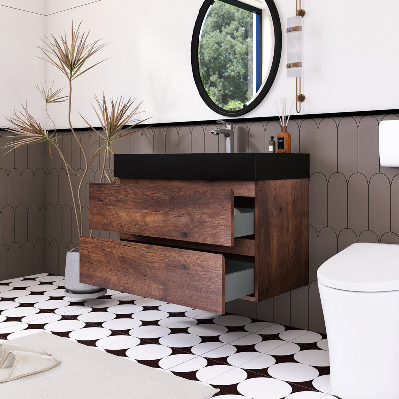 Meuble-lavabo simple 35,8 po avec surface solide Sibin, Noyer, Noir mat