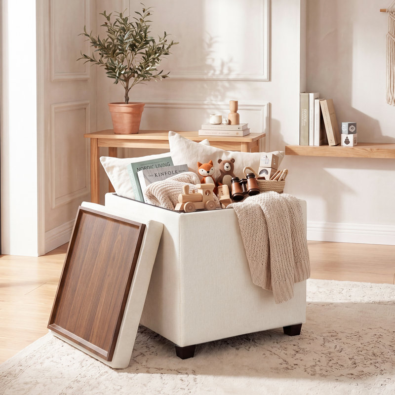 15.3" Square Storage Ottoman Bench for Living Room, White
