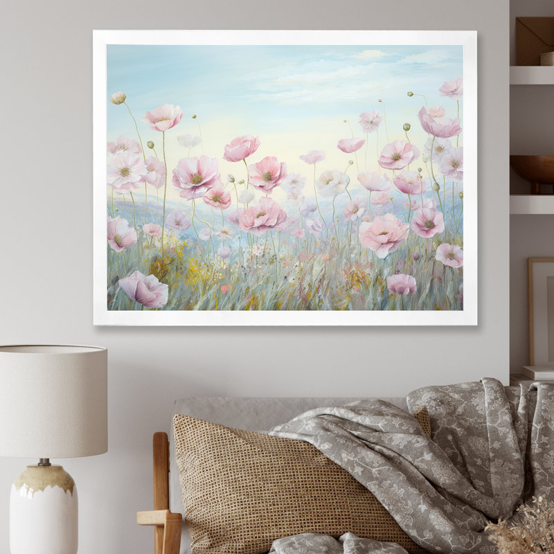 «Pink Ranunculus Field In Mountain I», reproduction sur toile, Cadre simple blanc, H 34 po x l 44 po x P 1,5 po