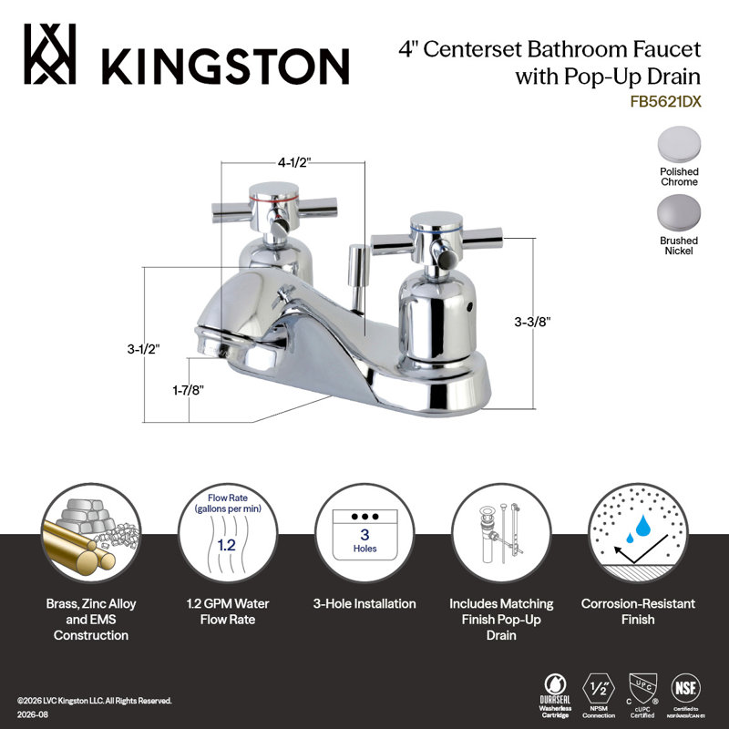 Robinet de salle de bain central à 4 poignées à 3 trous à fixation sur le comptoir avec robinet escamotable en plastique Kingston Brass