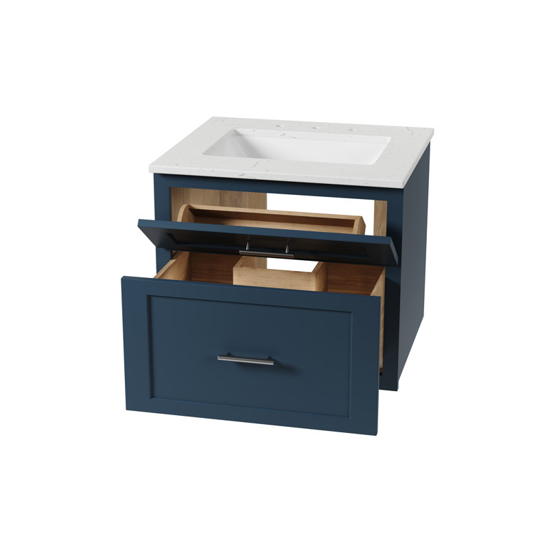 Meuble-lavabo mural 24 po avec comptoir en quartz Carrara, Bleu