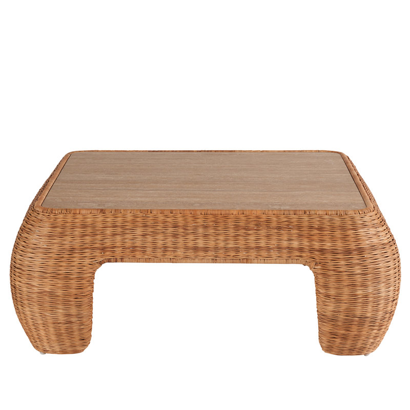 Natural Rattan Square Coffee Table with Travertine Top