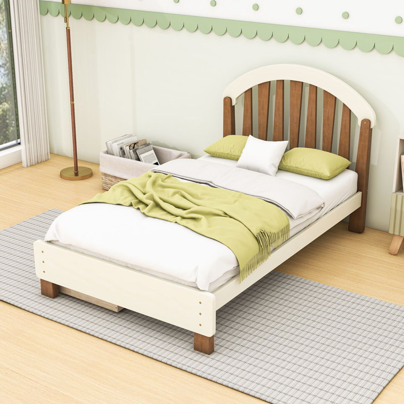 Lit plateforme en bois avec 2 tiroirs, tête de lit et lattes, Twin, Beige Deep Natural