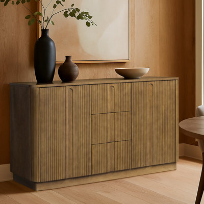 Potomac Reeded 3-Drawer Solid Wood Sideboard Cabinet with 2 Doors and Adjustable Shelves for Dining or Living Storage