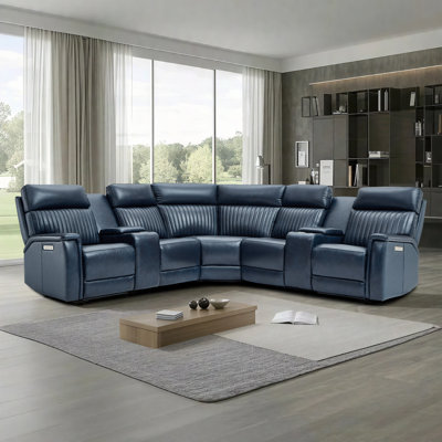 One Genuine Leather Reclining Sectional Power Triple-Motor Recline Sofa by Latitude Run