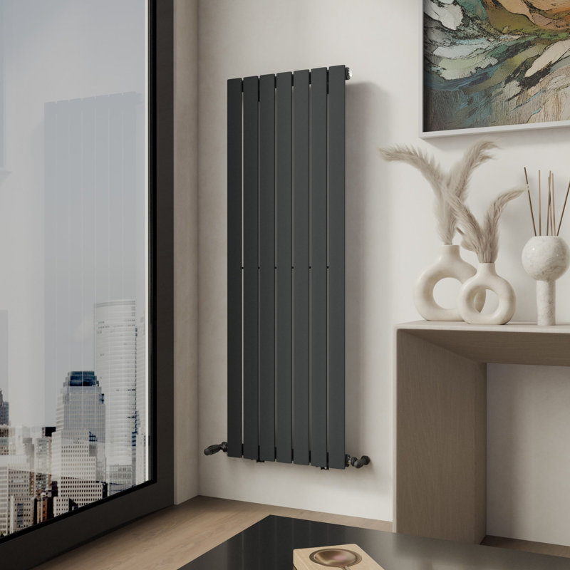 iBathUK Belgravia Vertical Single Slim Flat Panel Radiator Angled Valve, Grey, 1600cm H x 532cm W x 52cm D
