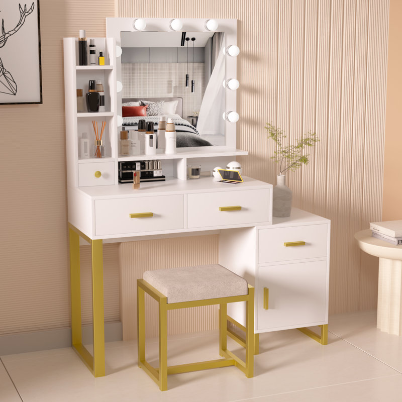 Ensemble de coiffeuse avec miroir lumineux, Blanc