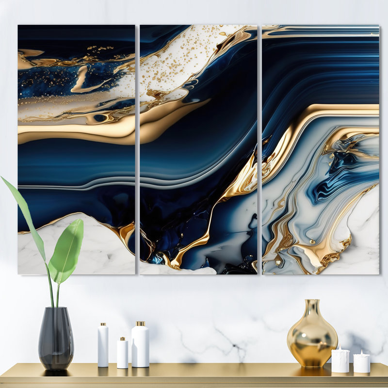 «Abstract Geode Waves Blue V», reproduction sur toile 3 pièces, H 32 po x l 48 po x P 1 po, Toile tendue