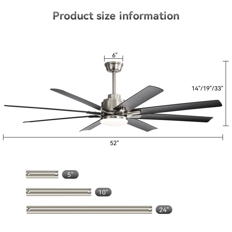 Ventilateur de plafond intelligent de 52 pouces avec lumières, Noir, Nickel brossé