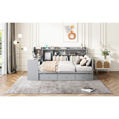 Lit de jour gris avec 3 grands tiroirs, ports de bureau - Construction en pin durable pleine grandeur et rangement latéral pour la vie moderne