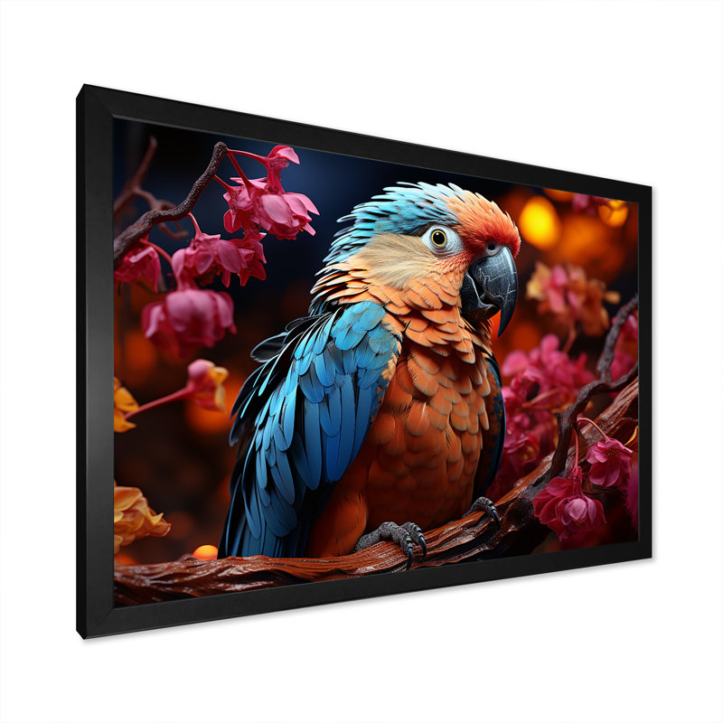 Perroquets rouges et bleus, plumage radieux, coucher de soleil II, Cadre photo noir simple, H 34 po x l 44 po x P 1,5 po