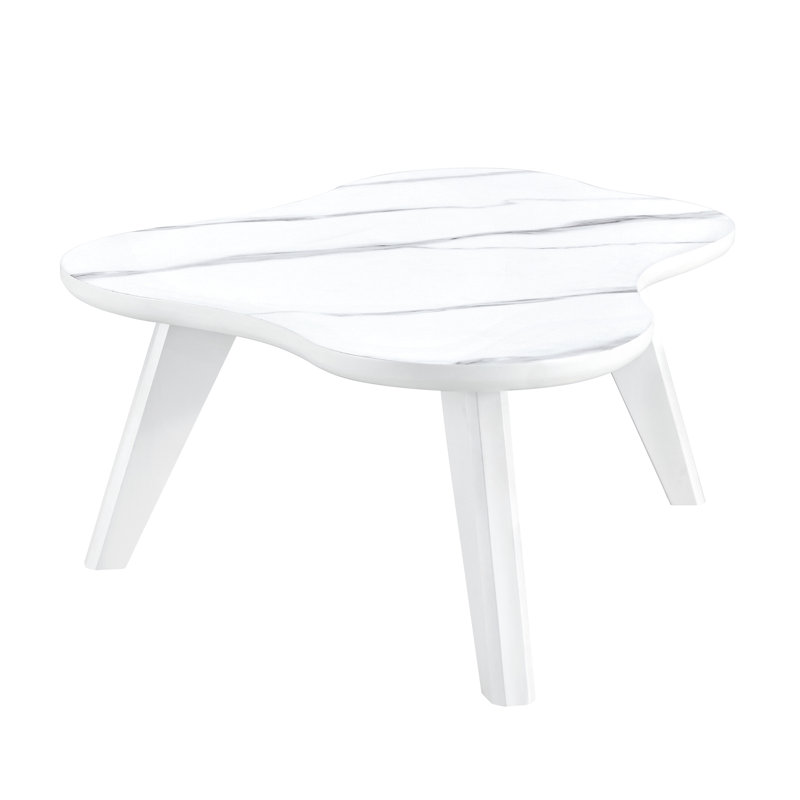 Modern White Coffee Table With Deck And Solid Wood Legs Style Rounded Edges Support, 13.95" H x 33.23" L x 48.39" W