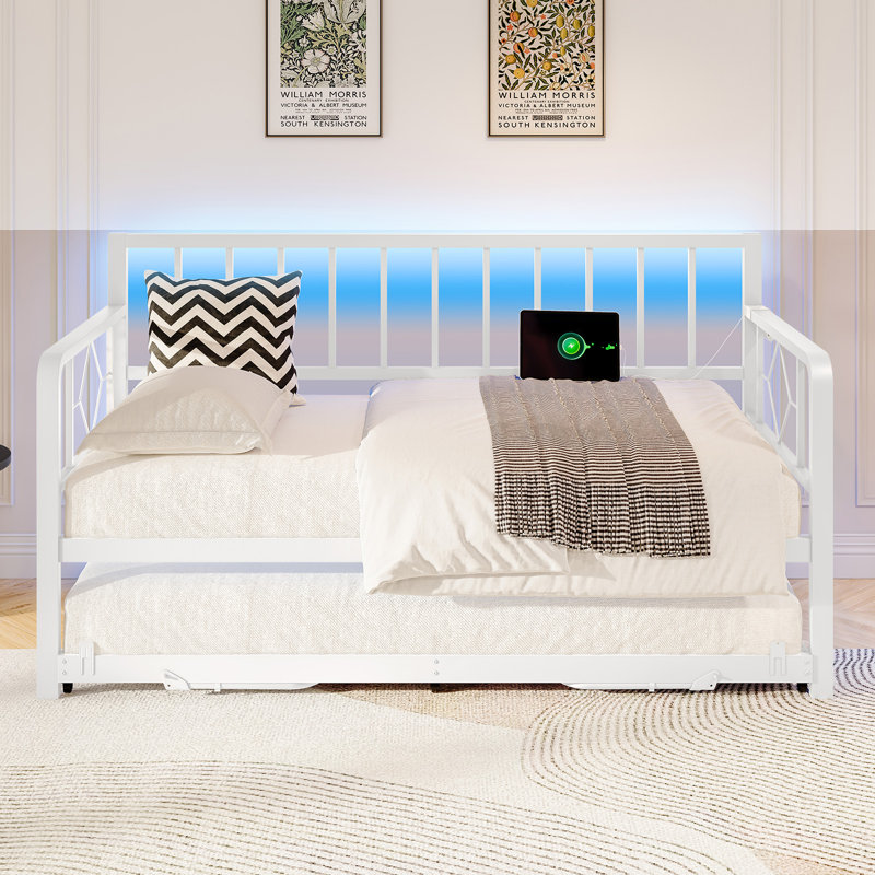 Metal Daybed with Trundle, LED Lights, White