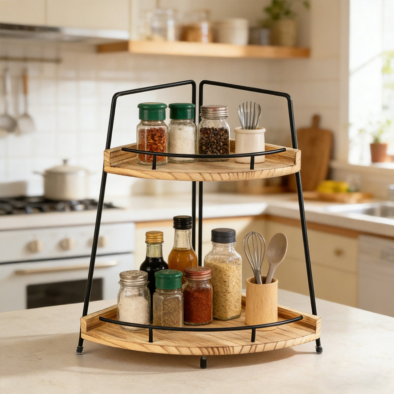 2-Tier Scalloped Iron Wooden Bathroom Shelf - Freestanding Corner Storage Rack for Home Bathroom, Kitchen, Dresser, Living Room Storage Racks with Non-Slip Mats