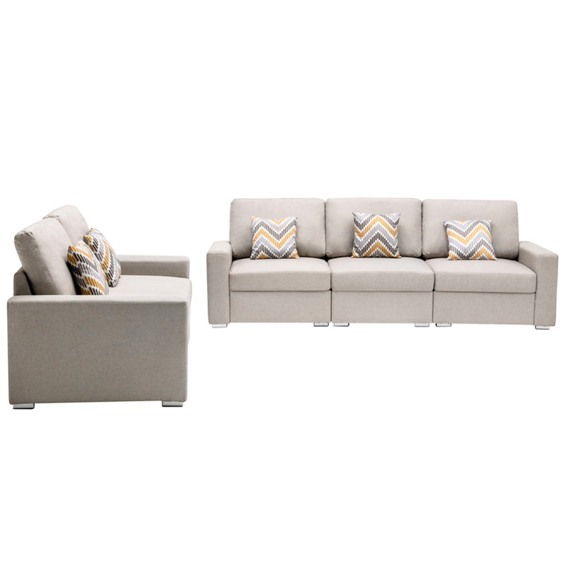 Assortiment de lin et de salon beige. Coussins avec pieds interchangeables. Sièges rembourrés de mousse avec fonction de ressorts ensachés. Meuble l 67 po x P 33,5 po et H 33 à 37 po comprenant des pattes de 95,5 po