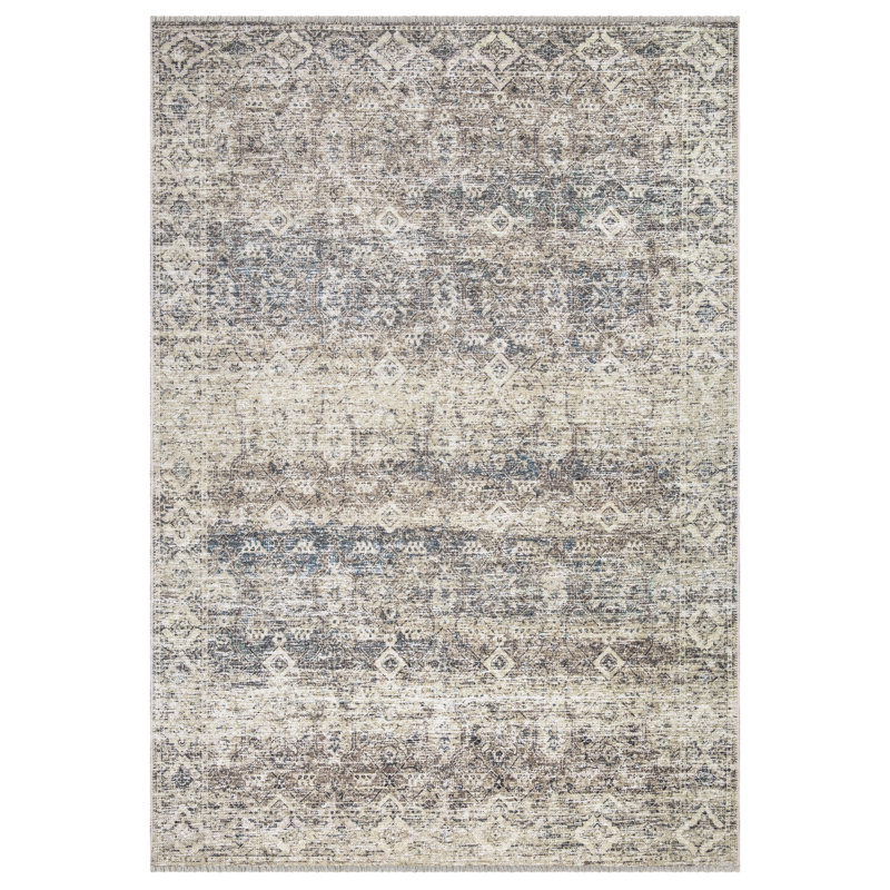 Washable Non-Slip Area Rug - Beige Brown / Teal Traditional Oriental Area Rug for Entryway, Hallway, Bathroom, and Kitchen