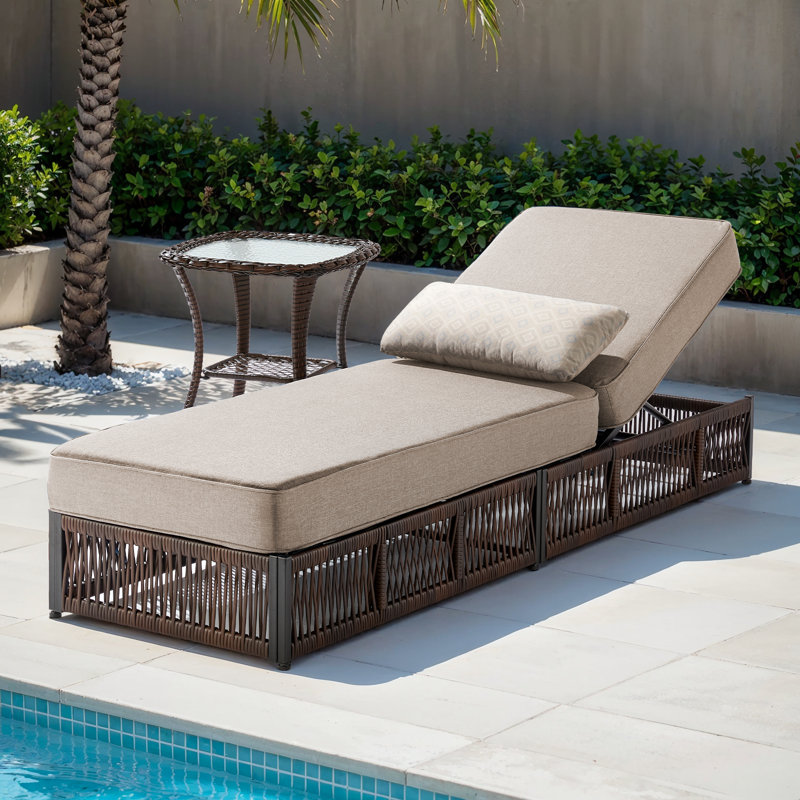 Clybourn Outdoor Poolside Adjustable Wicker Chaise Lounge Chair With Side Table, Beige