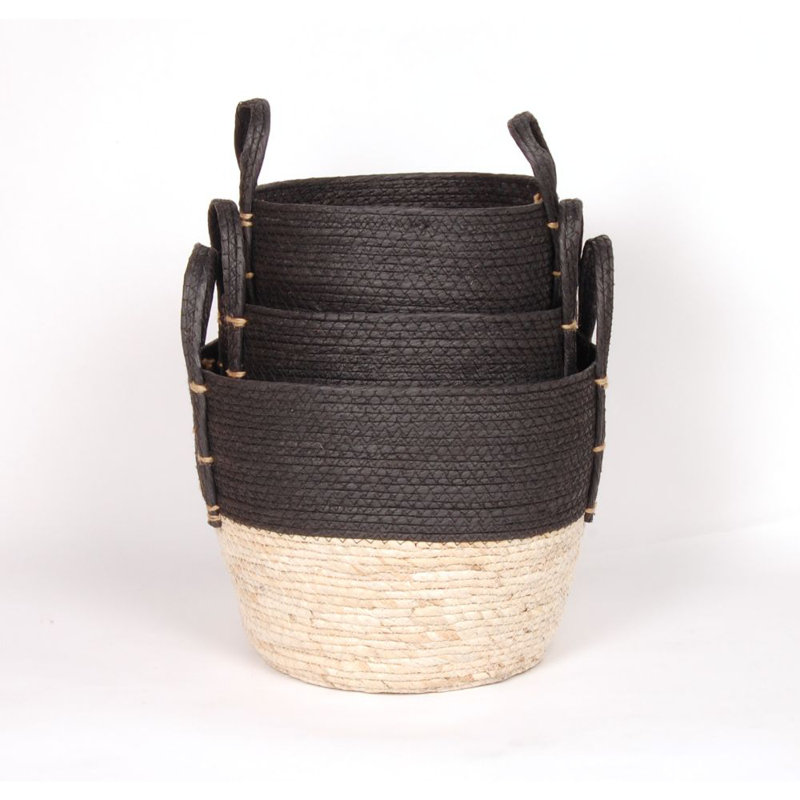 ENSEMBLE DE 3 PANIERS EN PAILLE NOIR/NATUREL