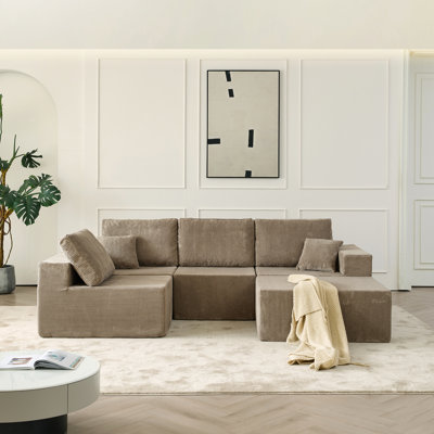 Canapé modulaire en velours côtelé de luxe de 139,3 po à 4 places avec 2 coussins et 2 coussins, sans assemblage, pour le confort de la chambre à coucher, gris, pour les espaces de conversation dans les salons,