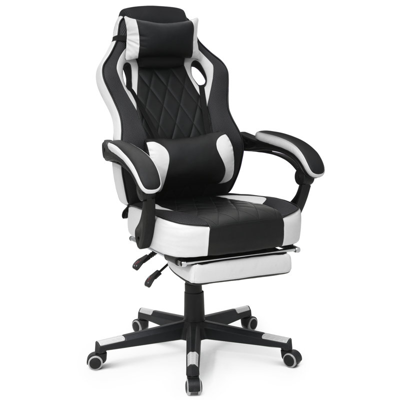 Chaise d'ordinateur inclinable avec repose-pieds et support lombaire amovible pivotant à 360 degrés, Blanc