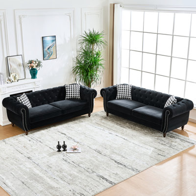 Mid Century Modern 3+3 Seater Black Velvet Couch With Rolled Arms And Nailhead Trim, For Living Spaces, 450 Lbs Capacity, High - Density Foam + Spring Packs, Solid Wood Frame Roll Armrest Decoration,