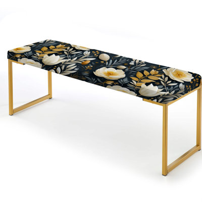 Blue And White Nordic Blossom Serenity - Floral Upholstered Gold Bench