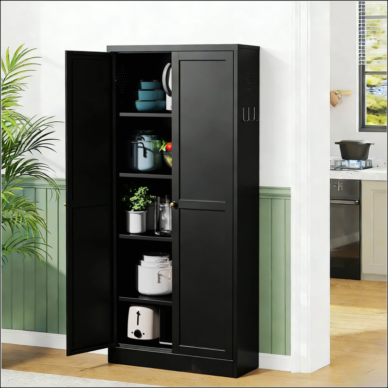 Armoire de cuisine robuste en métal noir avec 4 tablettes réglables, capacité de 110 lb et peu encombrante pour les maisons modernes