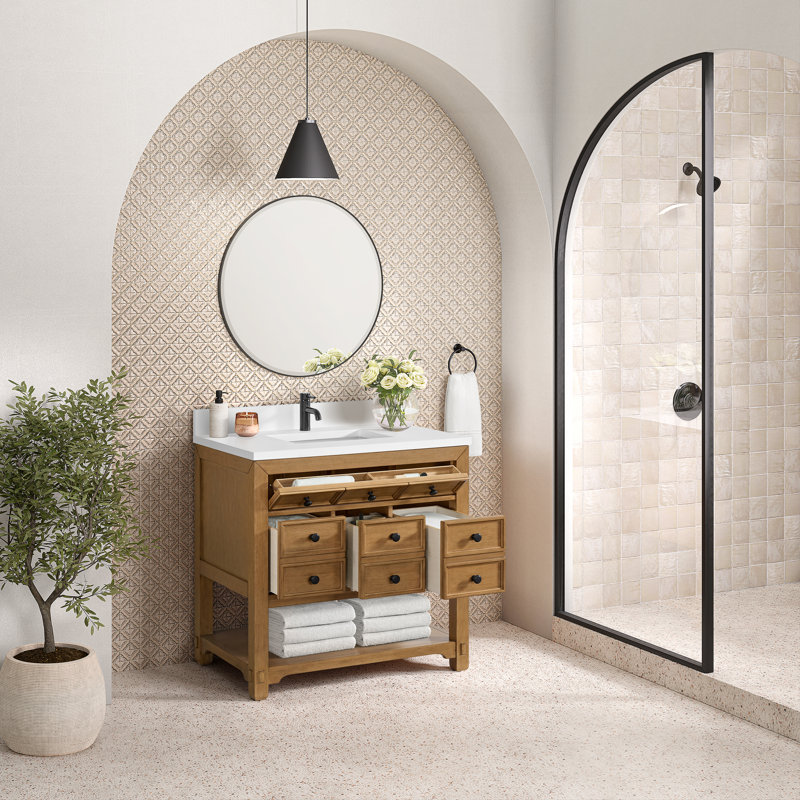 Malibu 36'' W Single Vanity, White Zeus, Widespread, Amber Birch