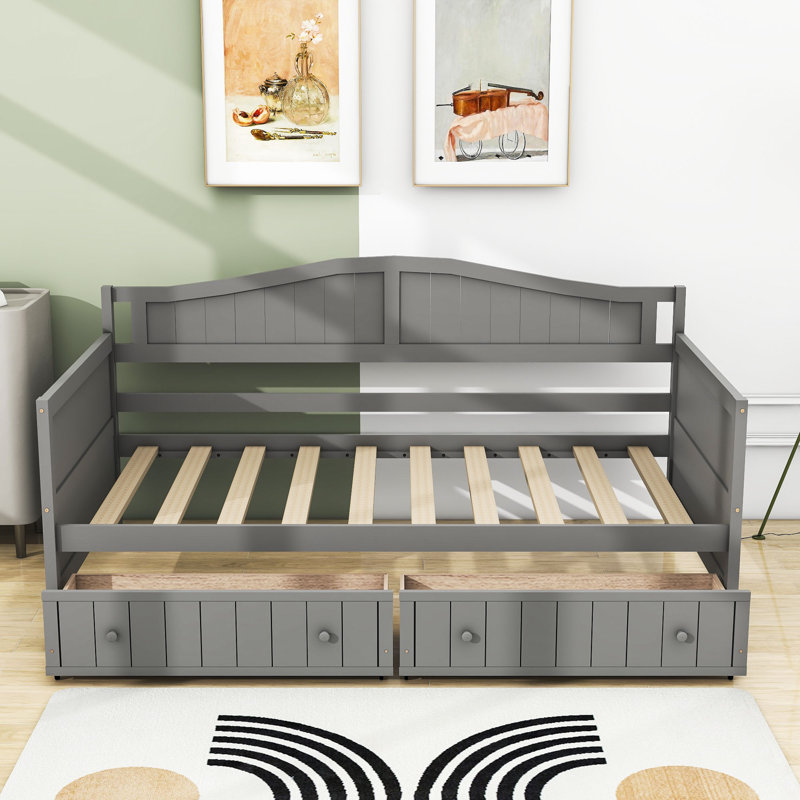 Lit de jour simple Sholto avec 2 tiroirs et lattes, gris