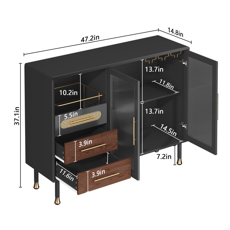 Bar 47 po avec tablettes réglables et support à vin - Bar moderne pour la maison, Noir