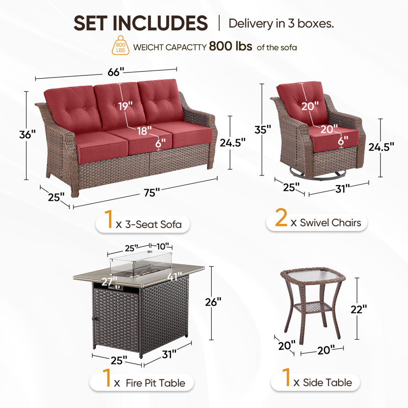 Lisandro 5-Piece All-Weather Outdoor Wicker Rectangle Fire Pit Conversation Set With Swivel Gliders And Side Table For Patio＆Garden