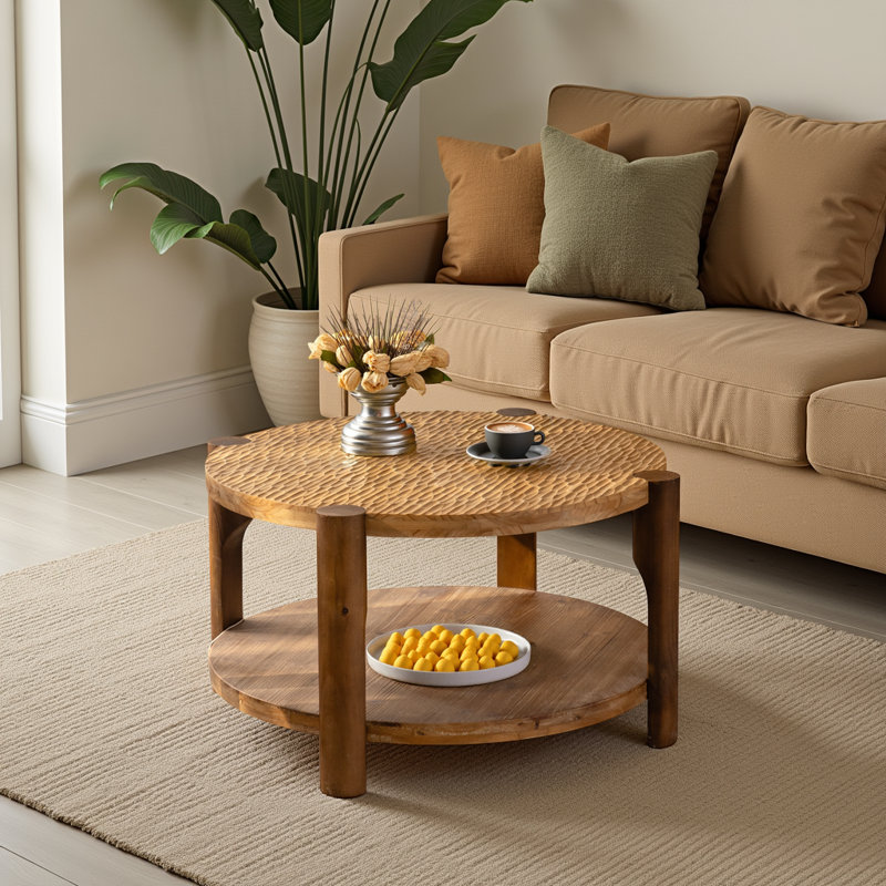Table basse ronde à 2 niveaux de style Mid-Century moderne avec tablette de rangement - Table de rangement en bois massif pour le salon