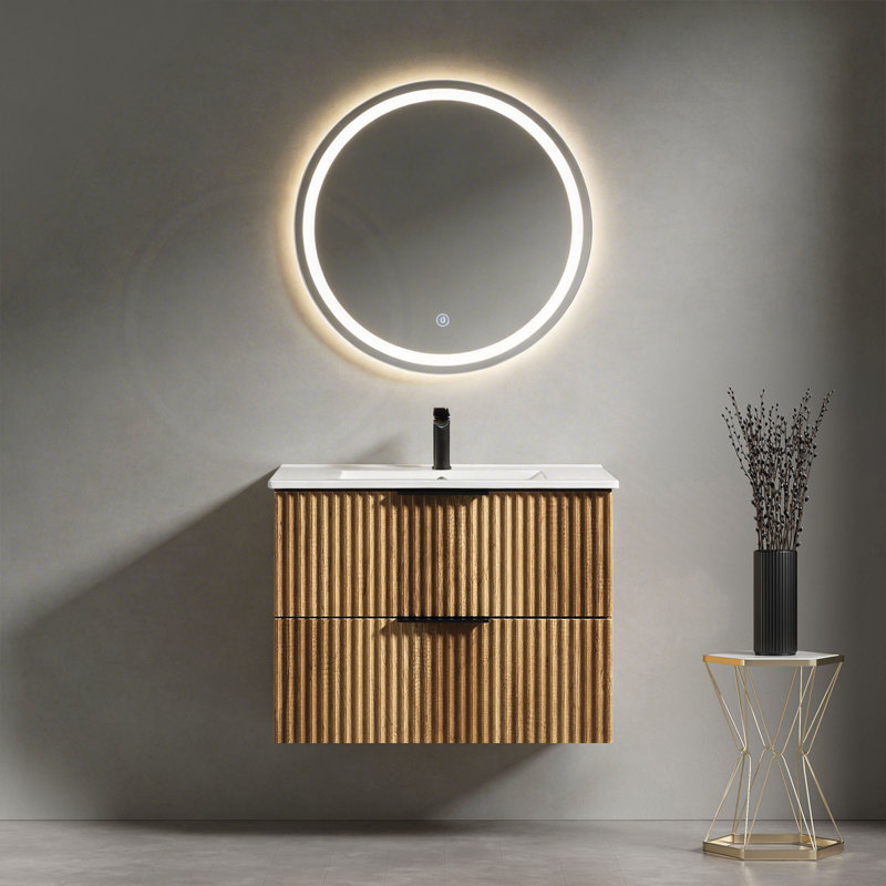 30" Wall-Mounted Bathroom Vanity With 3D Fluted Panel & Ceramic Integrated Sink
