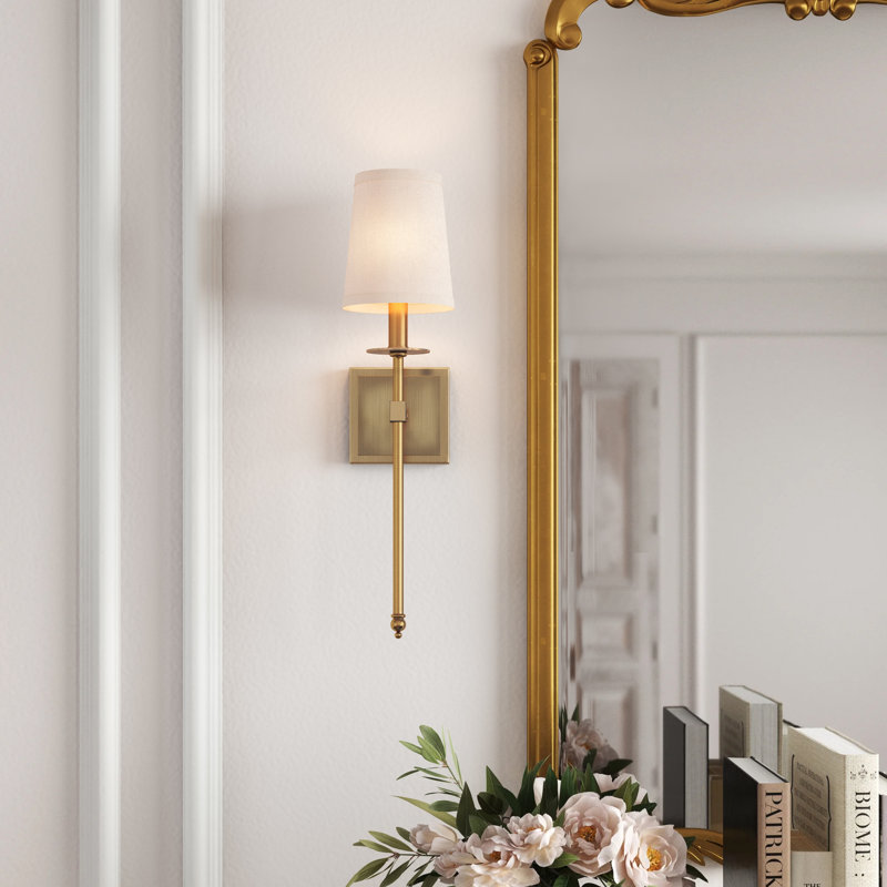 1-Light Metal Wallchiere with Linen Shade, 20" H x 5" W x 6'' D, Warm Brass