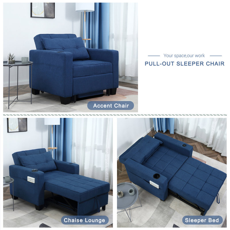 Latitude Run 36.6" Wide Convertible Chair 3-In-1 Pull Out Sleeper Futon Chair Beds with USB, Navy Blue 100% Linen