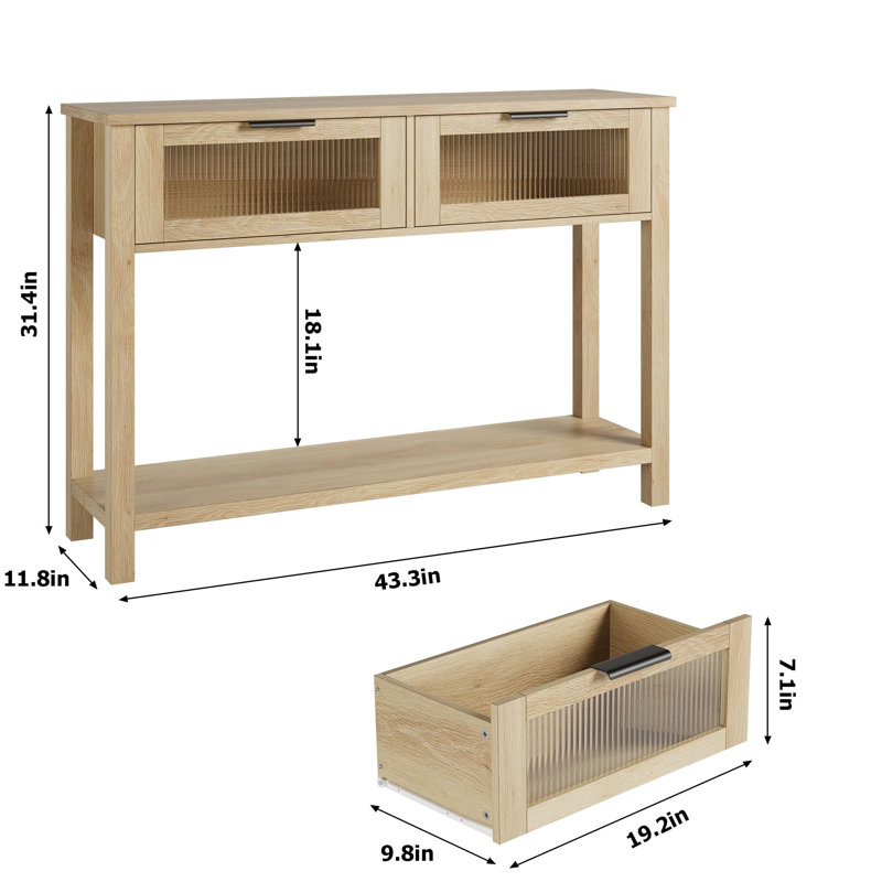Table d'entrée, console en bois avec 2 tiroirs en verre, canapé à 2 niveaux avec rangement, Naturel